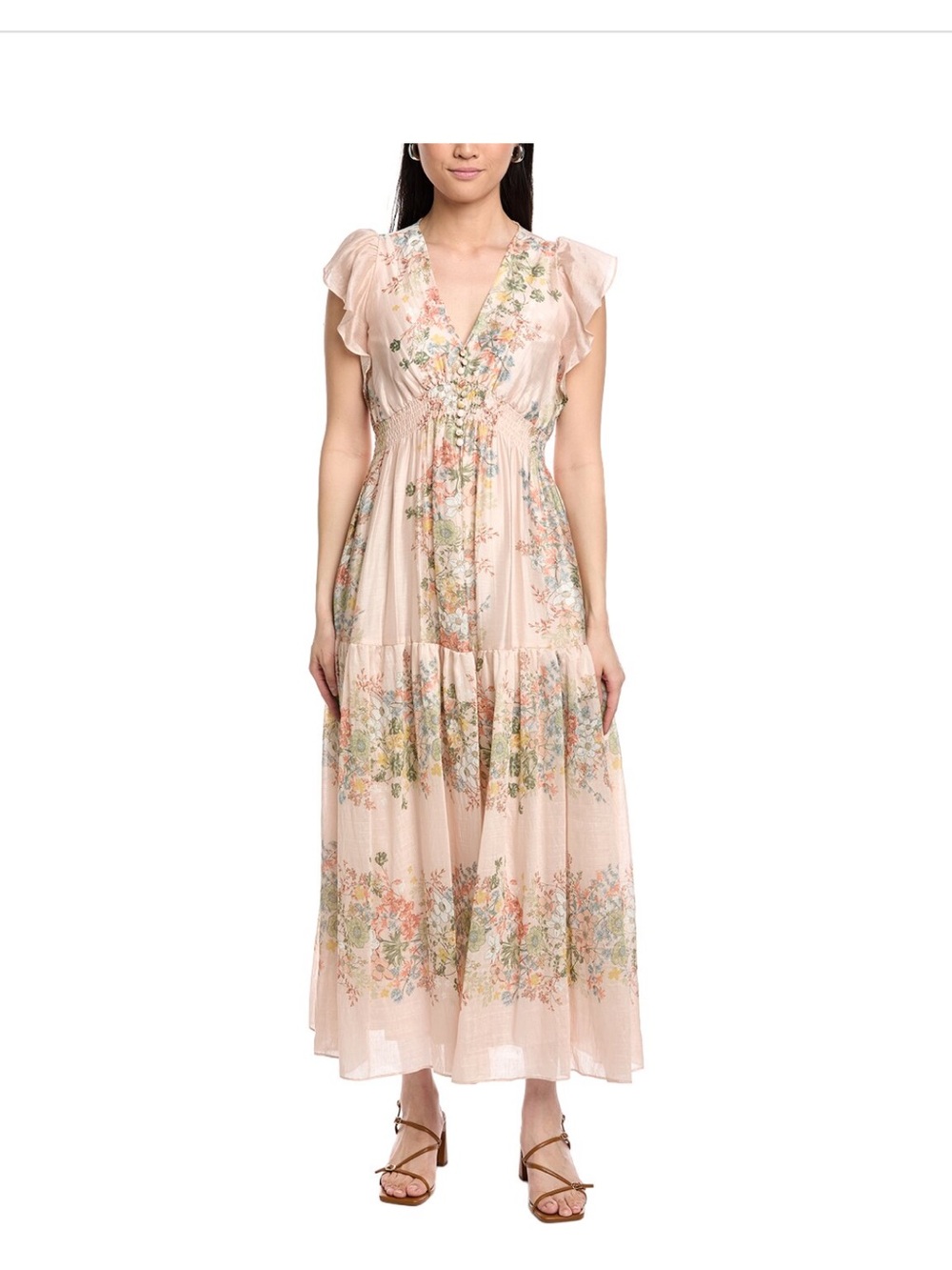 Taylor Floral Ruffle V-Neck Maxi Dress in Blush Size 2